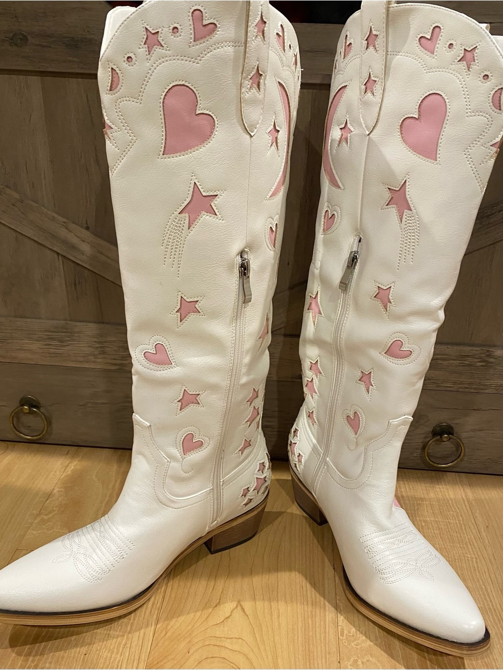 White and Pink Heart Detail Western Knee Boots